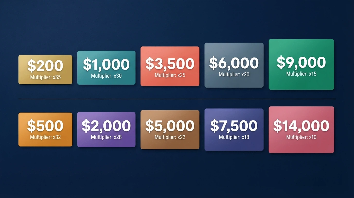 A side-by-side grid of casino welcome-bonus offer cards with different bonus amounts and wagering figures displayed