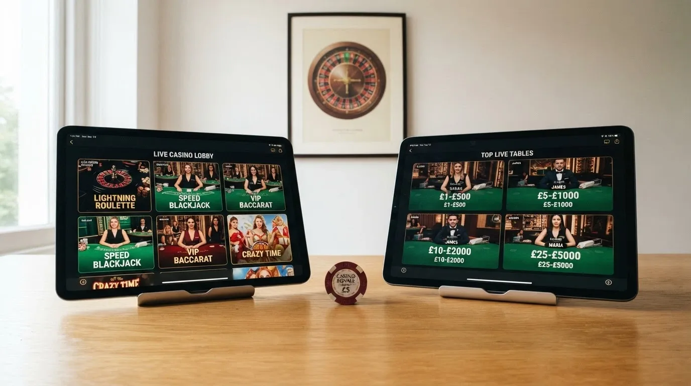 A side-by-side display of live casino lobby screens from two different operators, showing table thumbnails, dealer names, and bet limits in a split-screen layout