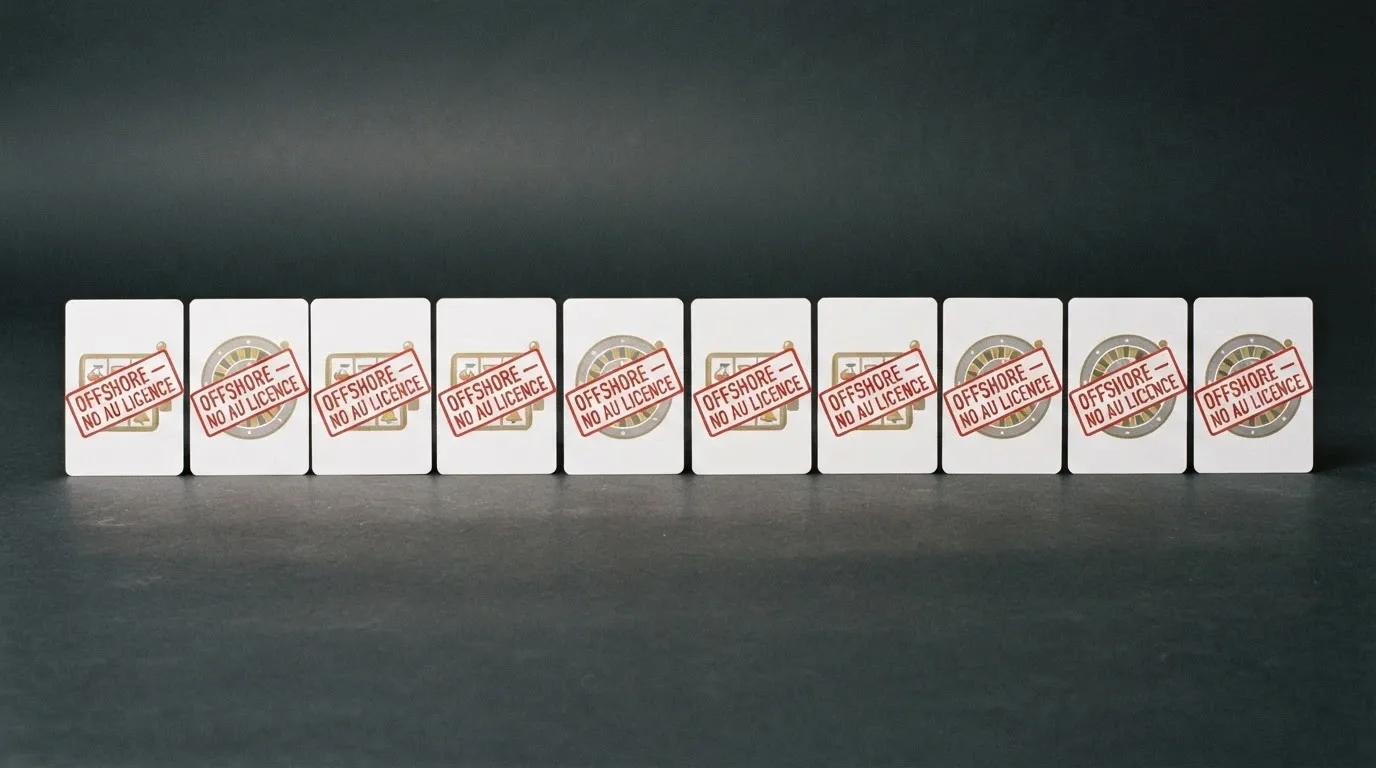 A visual representation of ten casino brand cards arranged side by side, each marked with an “offshore — no AU licence” badge