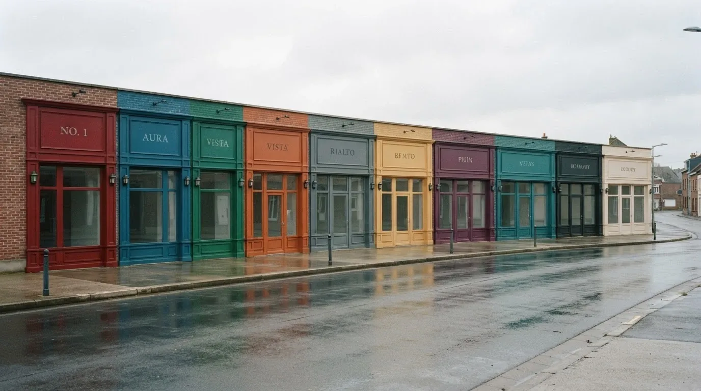 A row of ten generic casino-branded building facades lined up along an empty street, each with a different colour scheme, viewed from across the road