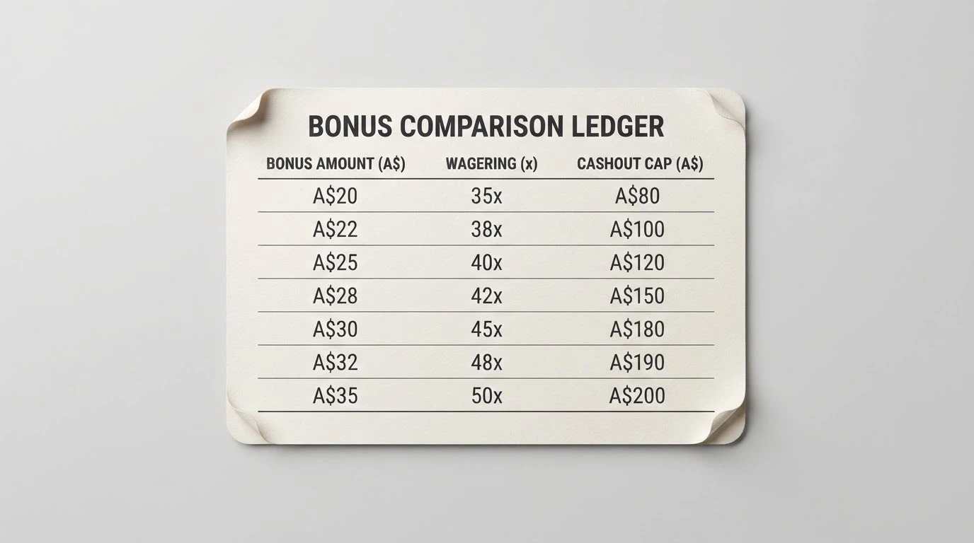 A comparison grid or ledger showing operator names next to bonus amounts, wagering multiples and cashout caps in Australian dollars