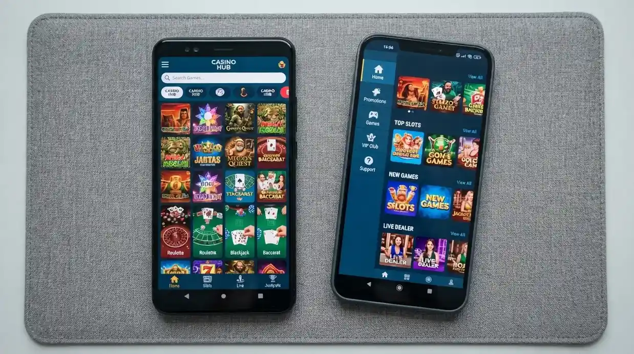 A grid or side-by-side layout of operator logos or casino lobby screens on a phone, illustrating the range of choice