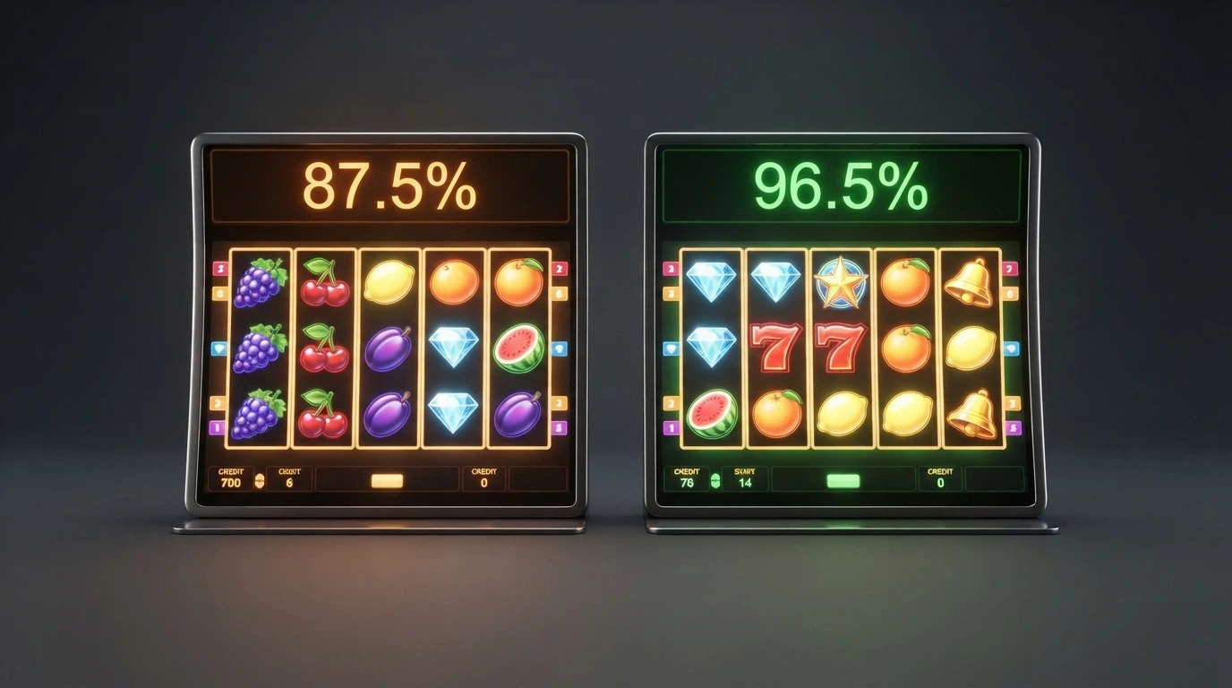 Two pokies screens side by side, one labelled 87.5% and the other 96.5%