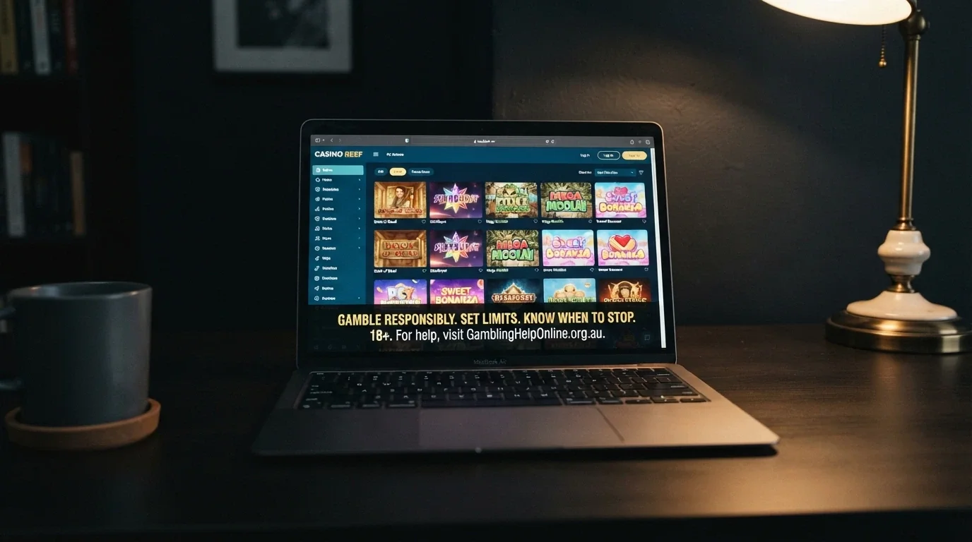 A laptop screen displaying a pokies site with a pop-up warning overlay about offshore licensing, set against a dimly lit home office
