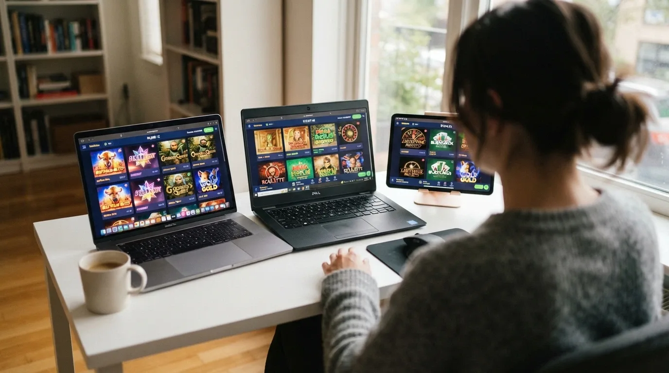 A side-by-side arrangement of casino welcome screens showing different bonus offers, game lobbies and deposit interfaces