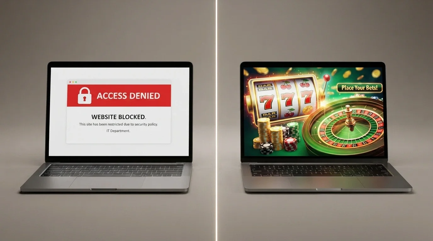 A split composition: one side shows an ACMA-branded document and a blocked-website notice on a browser, the other side an offshore casino homepage in vivid colour