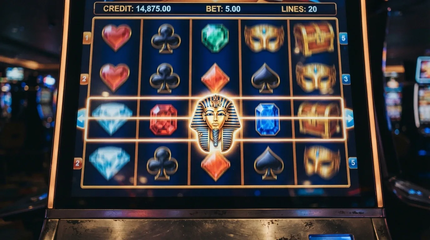 Online pokies game reels spinning with colourful symbols and a win line highlighted