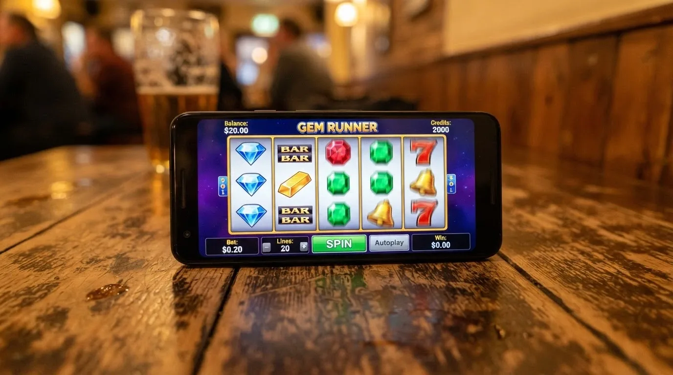 A smartphone or tablet screen showing a five-reel video pokie in play, with the bet-per-spin indicator set to a low amount and a bankroll of roughly $20 visible in the corner