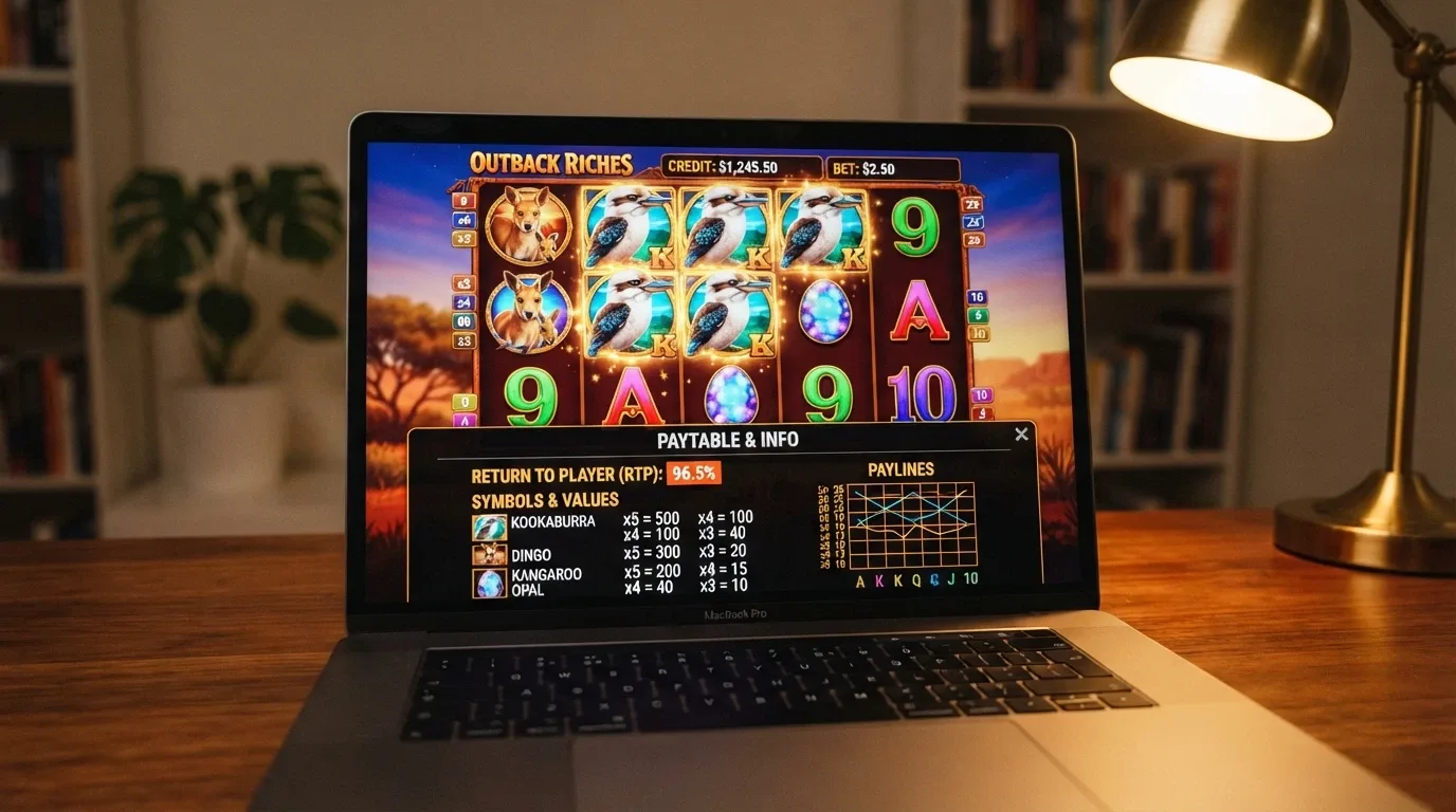 A close-up of an online pokie interface with the paytable open and the RTP percentage highlighted