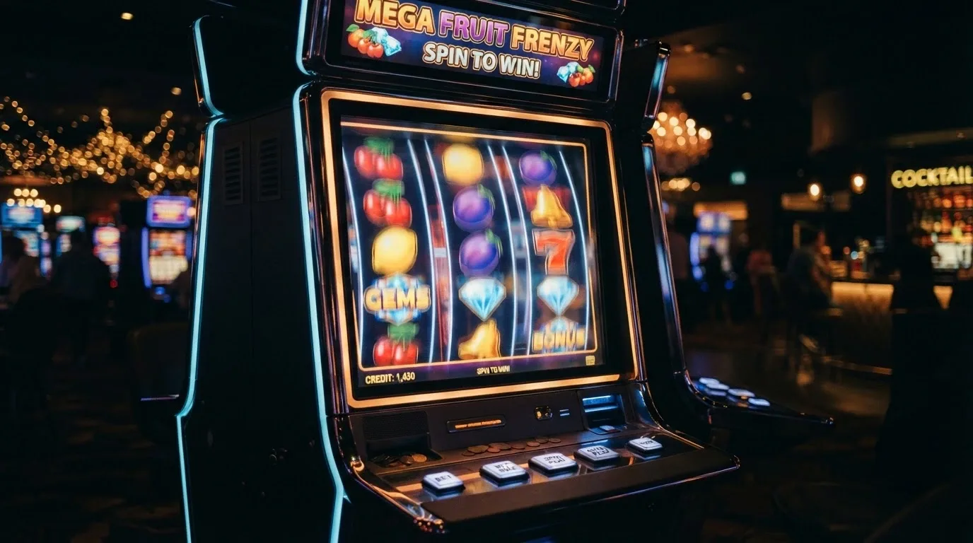 Colourful slot machine reels mid-spin with fruit, gem and scatter symbols visible, shot from a slight angle