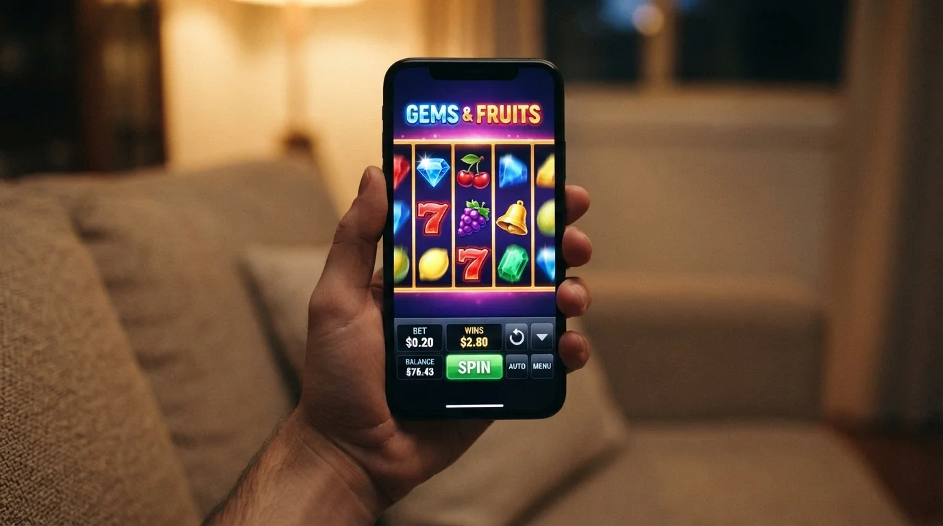 A colourful online pokie game screen with five spinning reels and a visible bet-amount display set to twenty cents