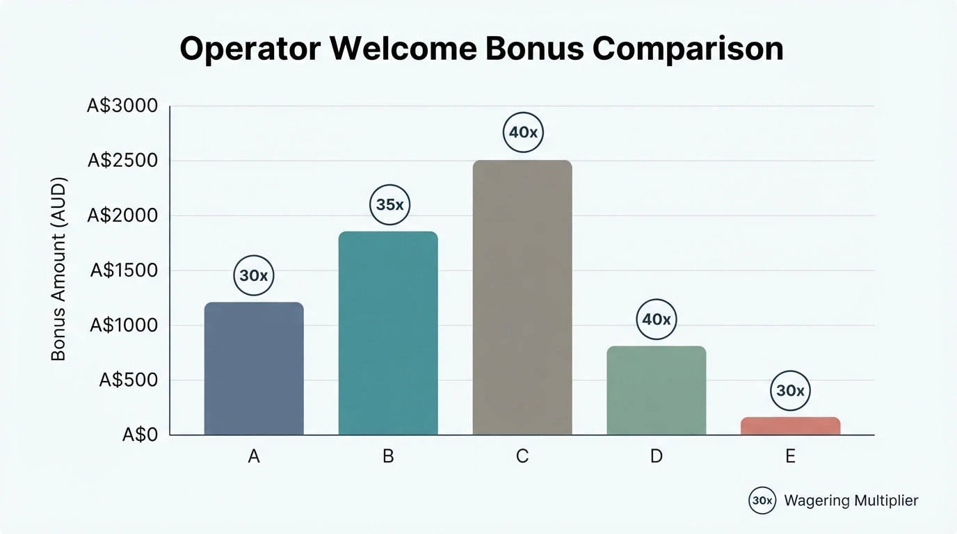 A bar chart comparing bonus amounts and wagering requirements across multiple casino operators