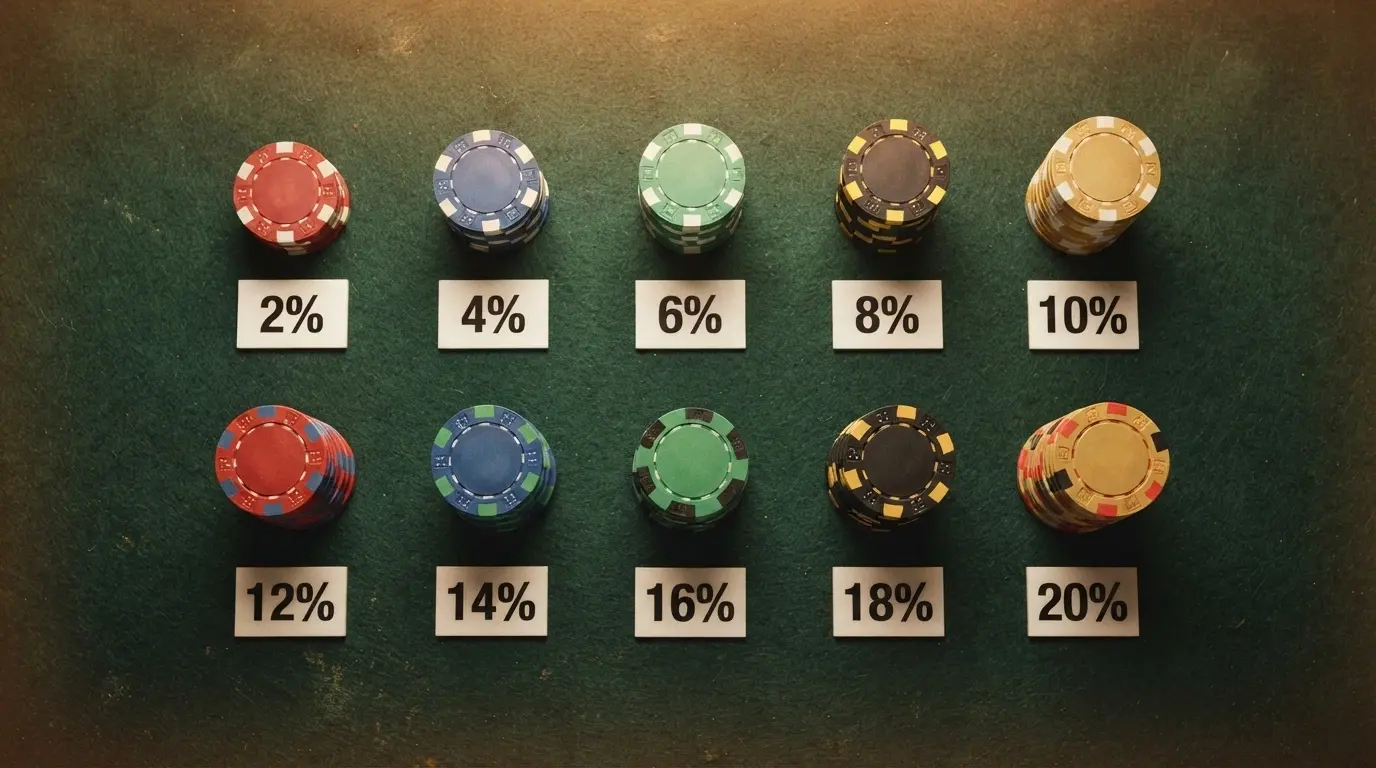 A grid of ten generic casino-chip stacks in varying heights and colours on a felt table, each stack labelled with a different bonus percentage