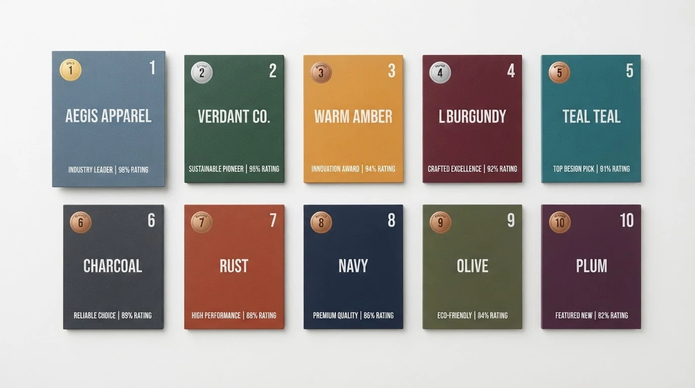 A stylised grid of ten casino-brand tiles arranged in ranked order, each carrying a licence badge and a key-stat callout