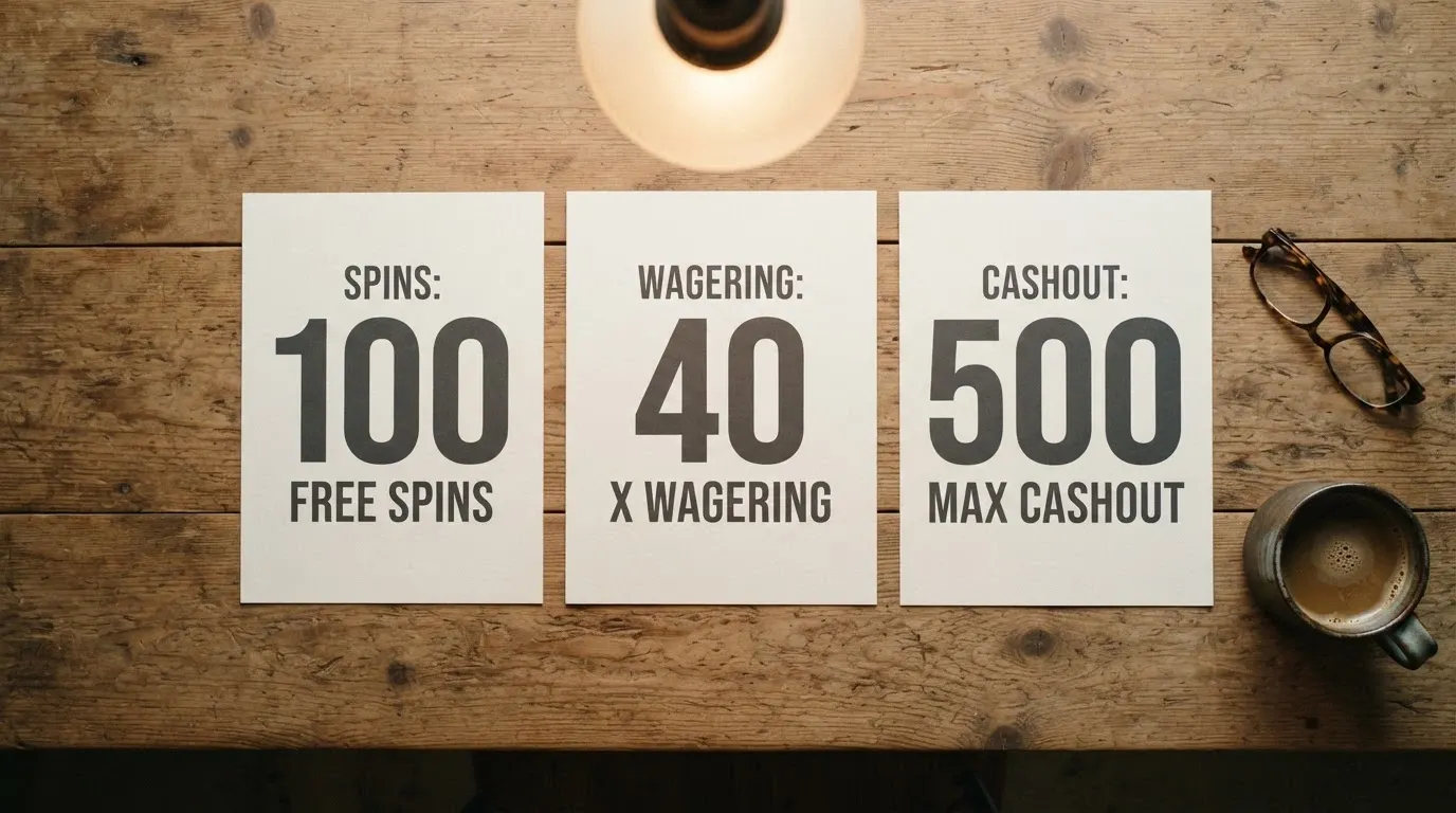 A side-by-side view of casino welcome-offer cards showing different spin counts, wagering multiples and cashout caps