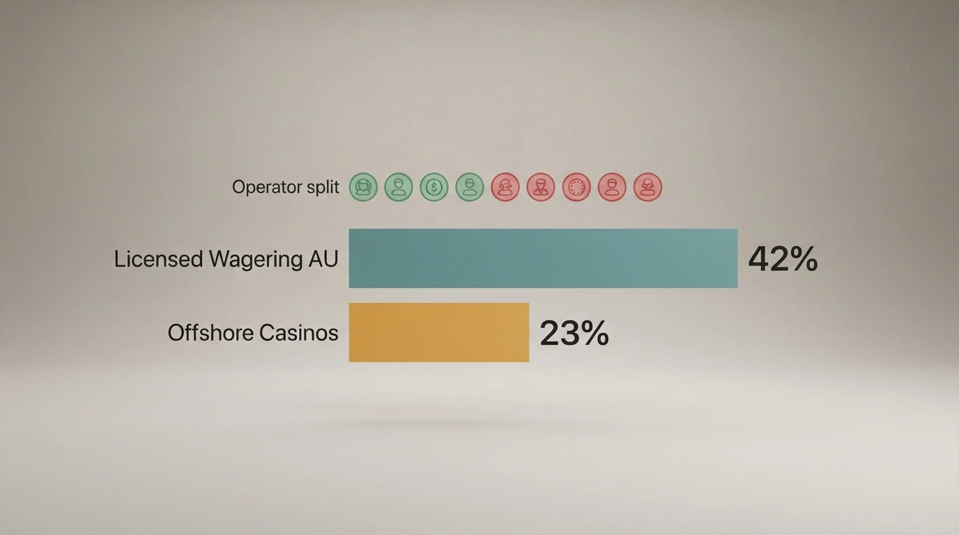 A comparison chart on a screen showing operator rows with licence-status icons — green ticks beside licensed wagering operators, red crosses beside offshore casinos