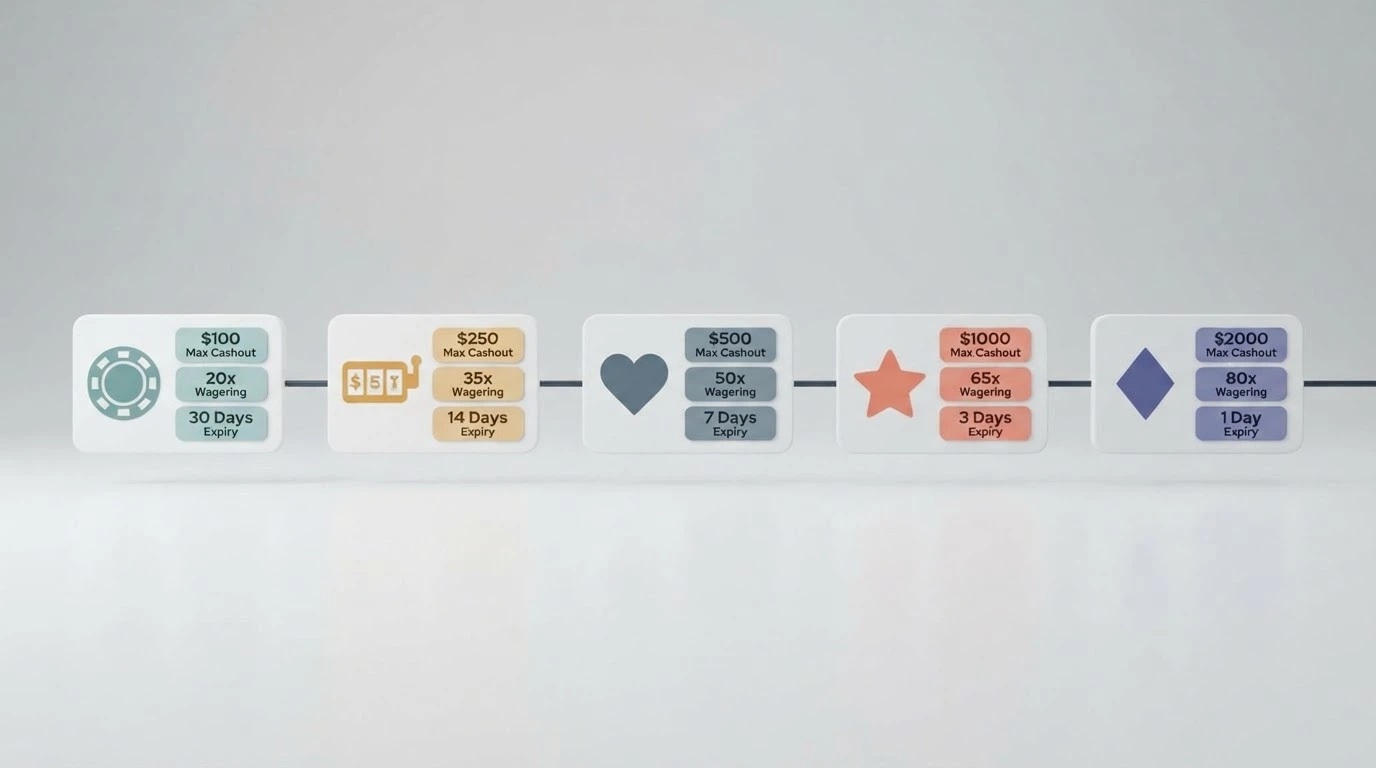 A horizontal comparison strip showing casino-brand icons beside key offer stats — max cashout figure, wagering multiplier badge and expiry-day count