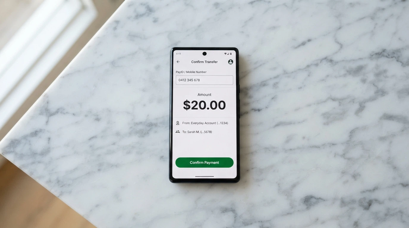 A smartphone displaying a banking-app transfer screen with a PayID field, an amount of $20.00 visible, and the Osko logo alongside