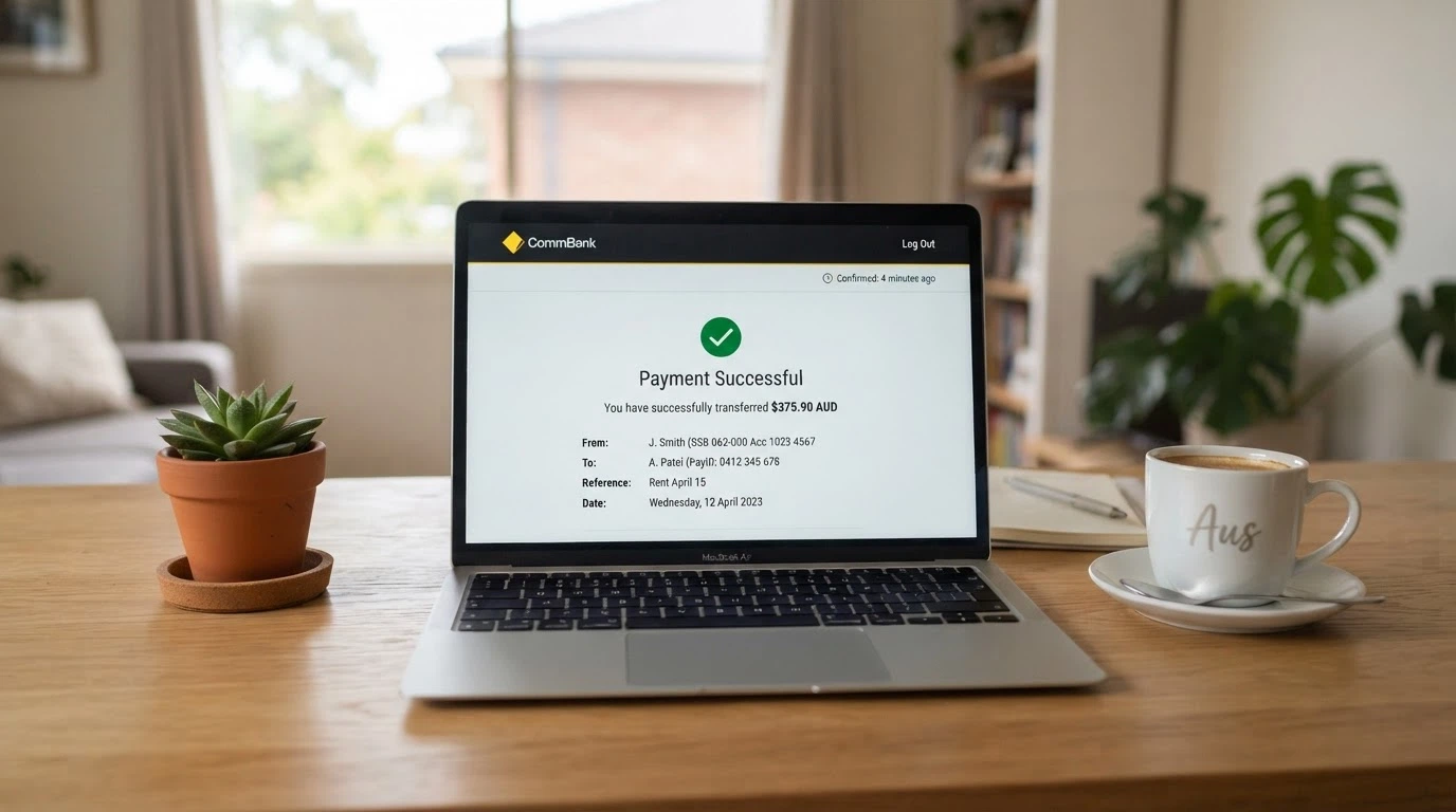A laptop screen showing a PayID transfer confirmation page with an Australian bank interface and a pending transaction timestamp