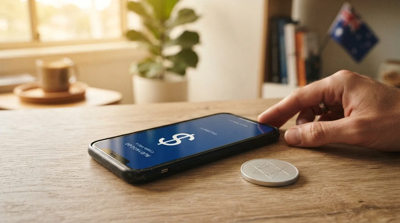 A smartphone showing a PayID transaction confirmation screen next to a cryptocurrency wallet icon
