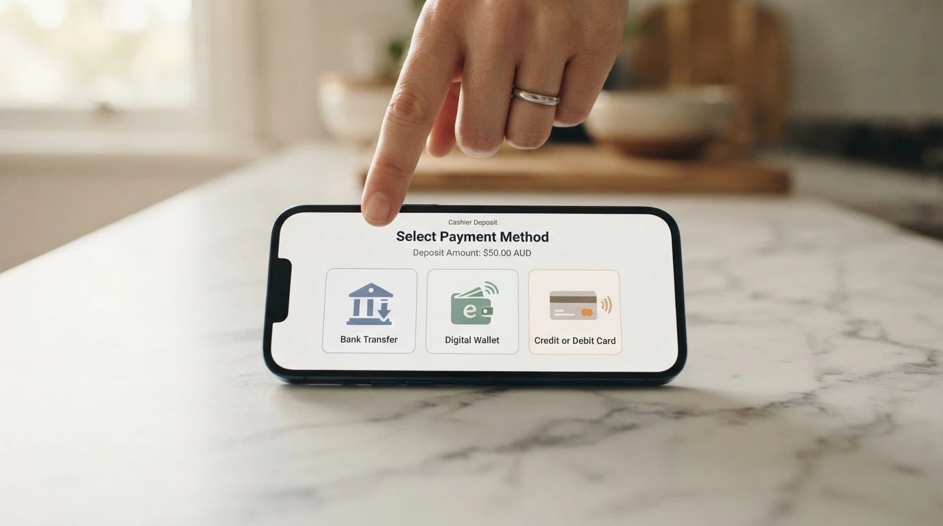 Smartphone screen showing PayID, Bitcoin and Litecoin deposit options on an online casino cashier page