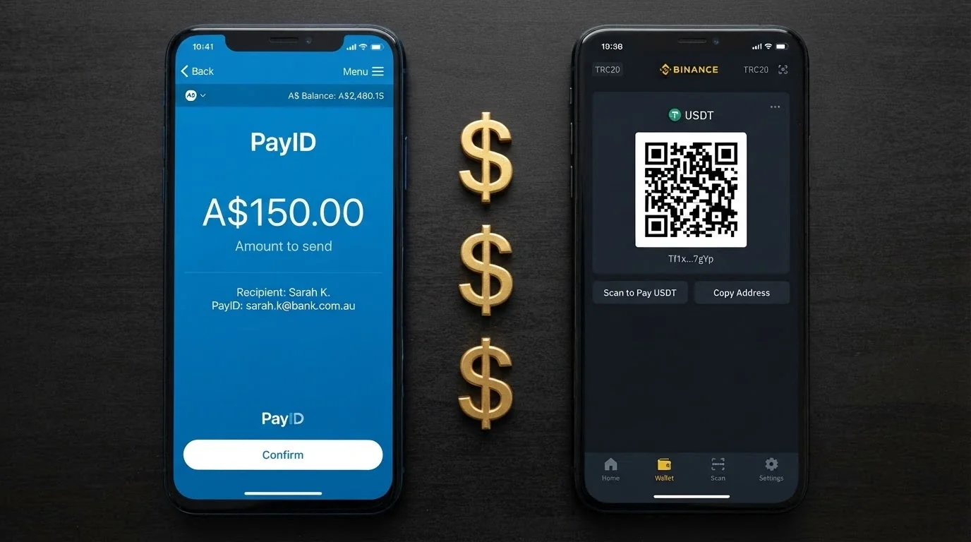 A split-screen showing a PayID bank transfer interface on one side and a USDT wallet QR code on the other, with Australian dollar symbols connecting them