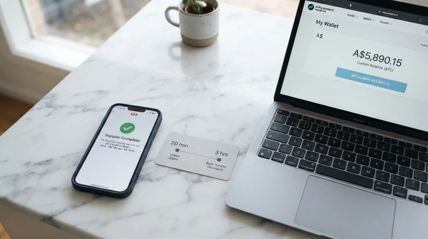 A smartphone screen showing a PayID transfer confirmation beside a cryptocurrency wallet interface, with a withdrawal processing timeline between them