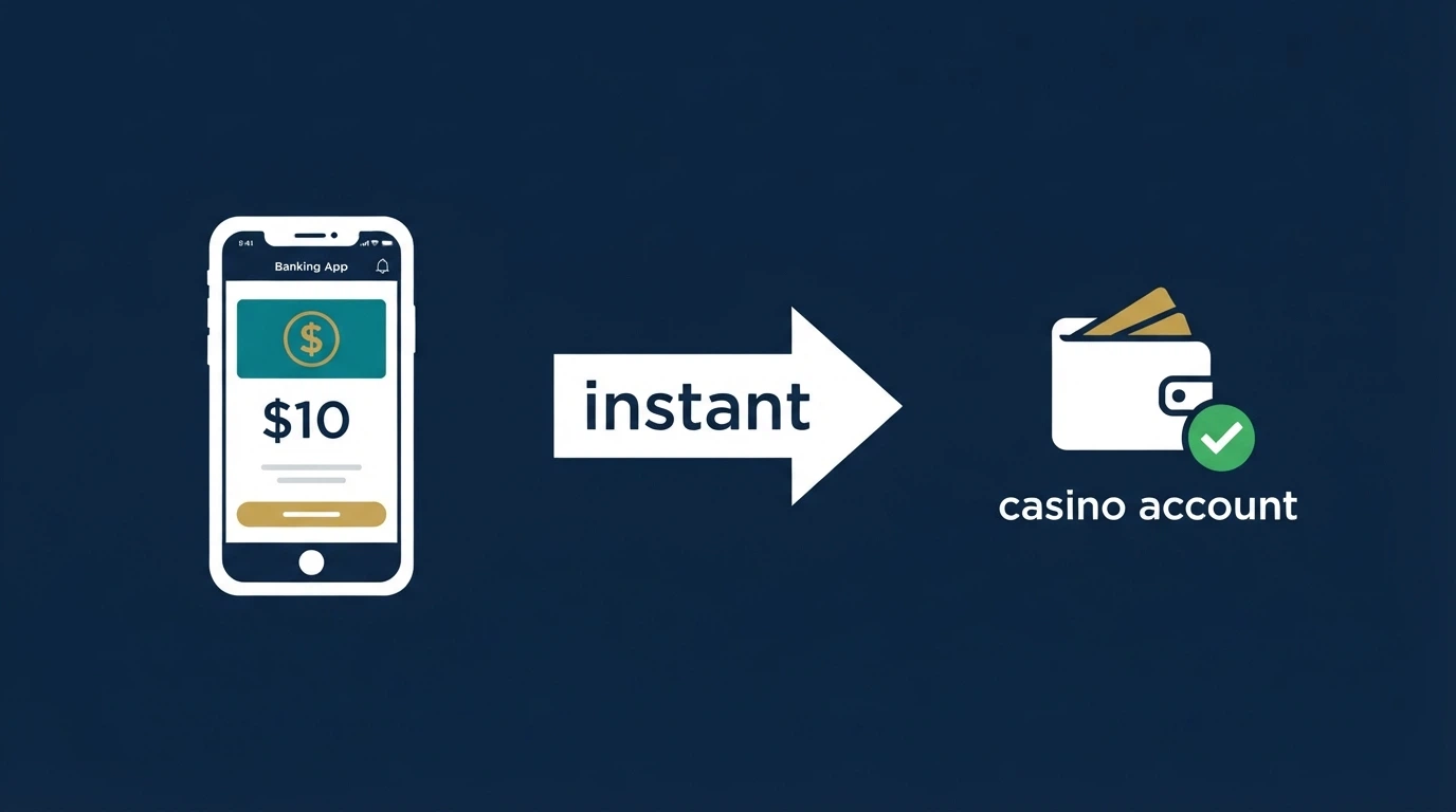 A simplified flow diagram showing a bank app sending $10 via PayID to a casino account, with an arrow marked instant confirmation