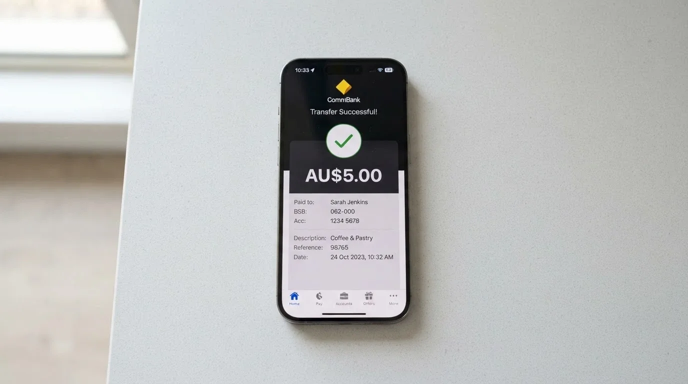 A phone screen showing a PayID transfer interface with a $5 amount field and an Osko instant-payment confirmation tick
