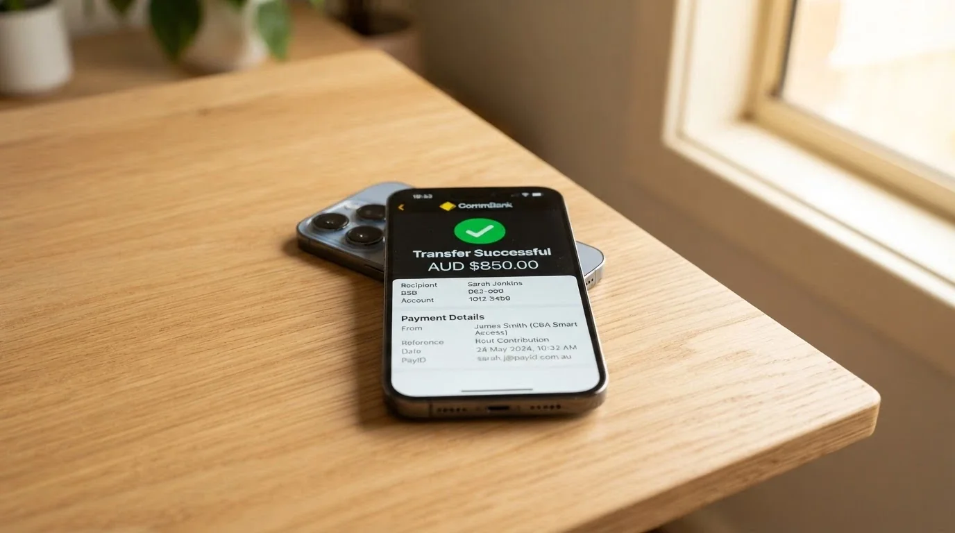 A smartphone showing an Australian banking app with a PayID transfer confirmation screen for a casino deposit