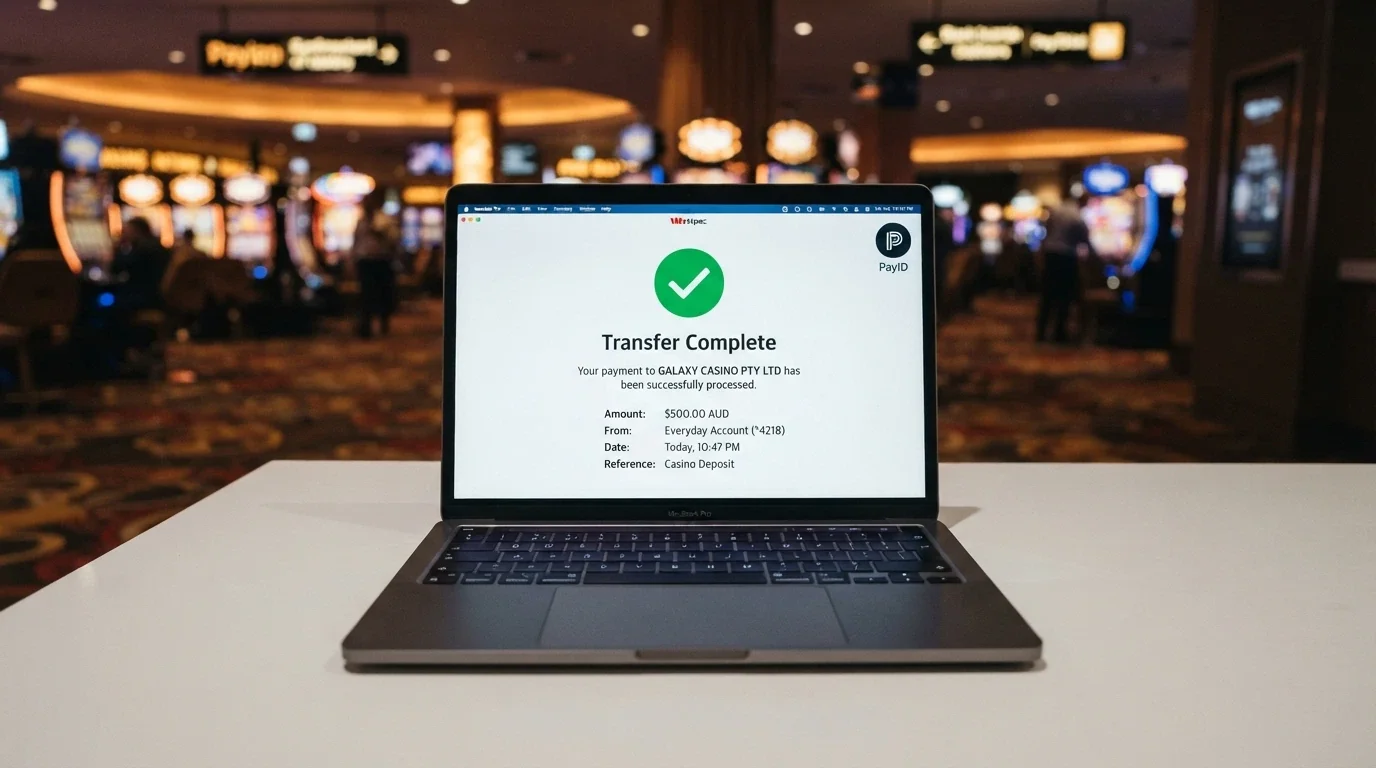 A laptop displaying a banking app with a PayID transfer confirmation screen, an Osko logo visible, with a casino lobby blurred in the background