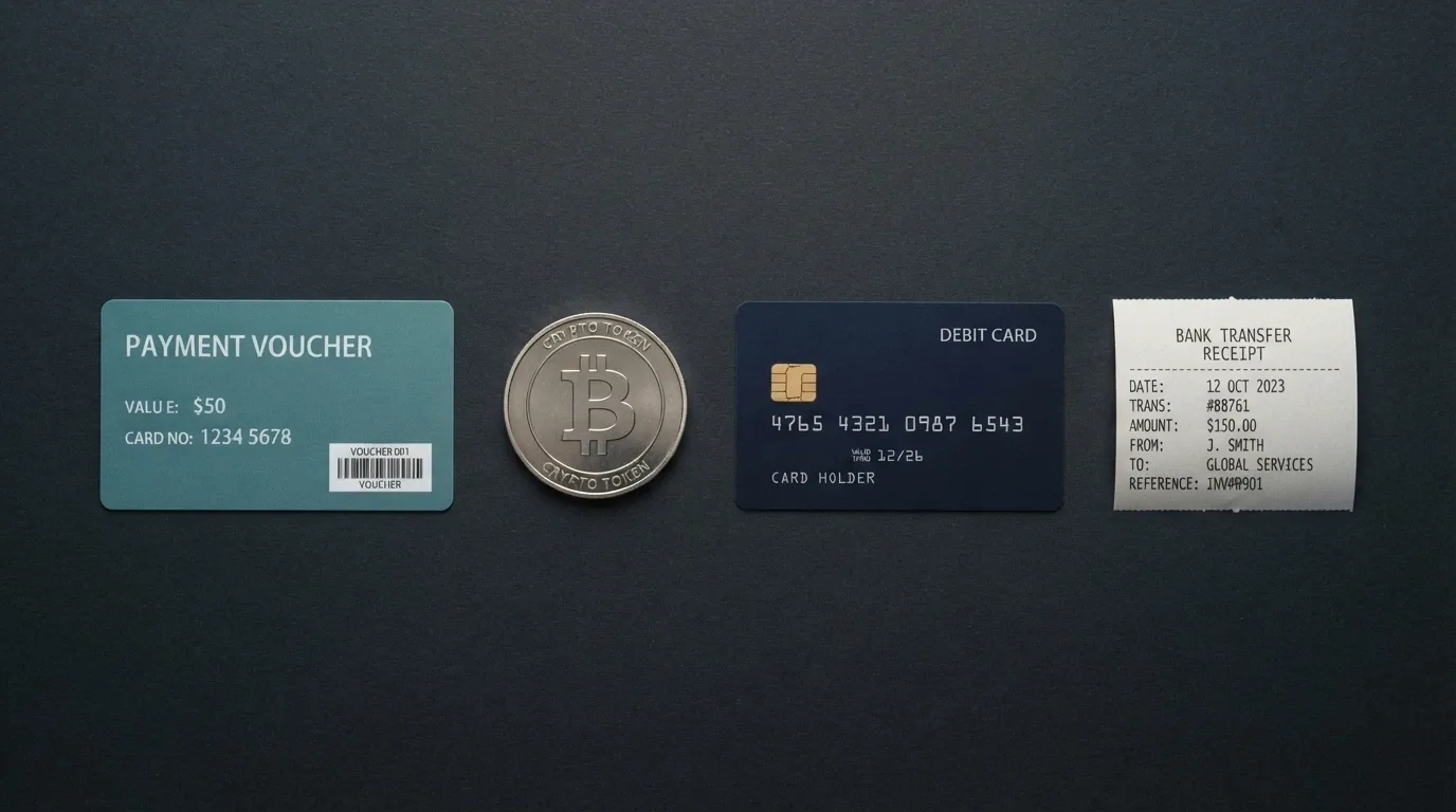 A row of payment method icons for PayID, a Neosurf voucher, a Bitcoin symbol and a debit card against a dark background