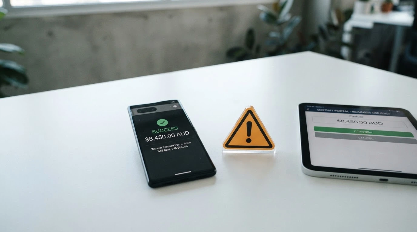 A smartphone displaying a PayID transfer confirmation on one side and a casino cashier screen on the other, with a warning icon between them