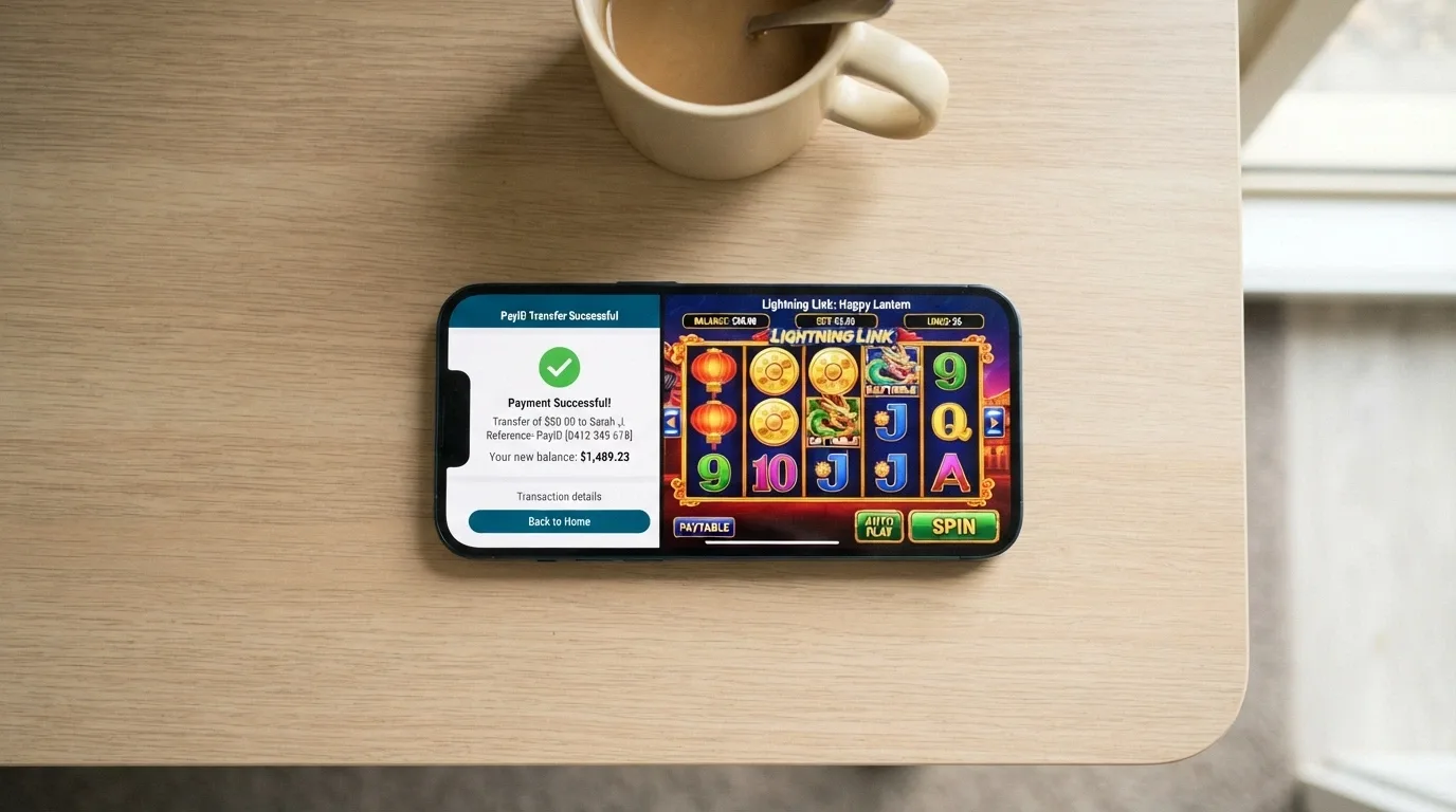 A smartphone showing a banking app with PayID transfer confirmation screen beside a pokies game interface
