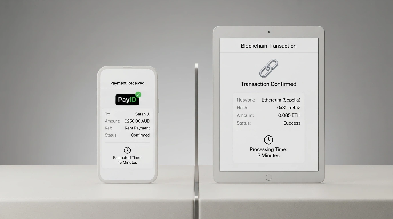 A side-by-side comparison visual showing a PayID transfer screen on one side and a blockchain confirmation on the other, each with a clock showing the elapsed time