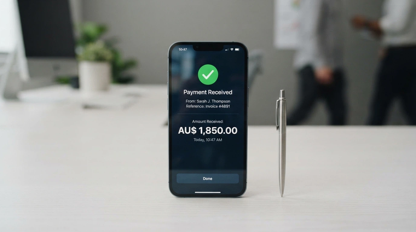 An iPhone banking app screen showing a PayID transaction confirmation with a timestamp and an incoming casino withdrawal amount in AU dollars
