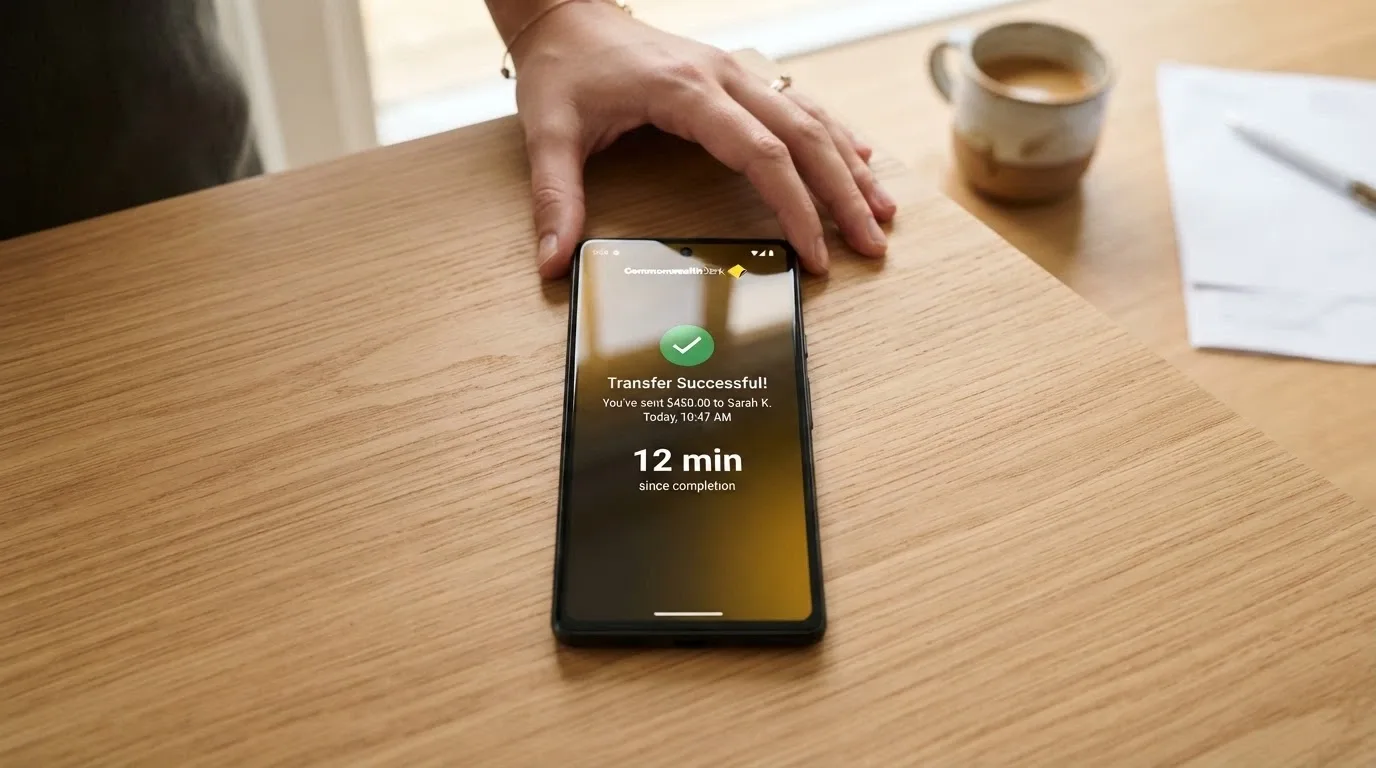 A smartphone screen showing a banking app with a PayID transfer confirmation and a timestamp reading “12 min”