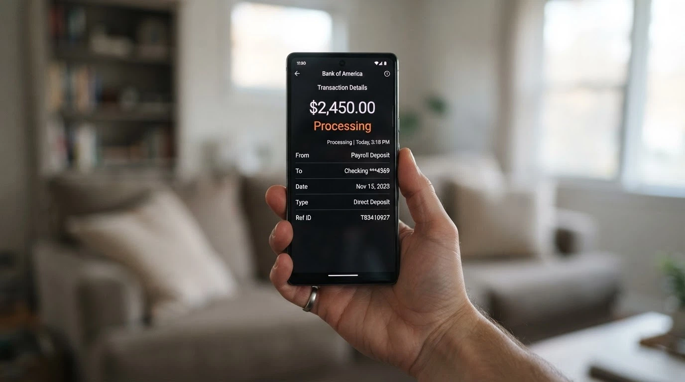 A bank app screen showing a PayID transaction with the status “Processing” and a timestamp visible