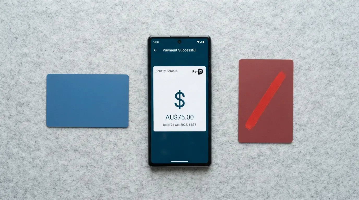 A close-up of an Australian debit card, a smartphone showing a PayID transfer screen, and a credit card crossed out in red