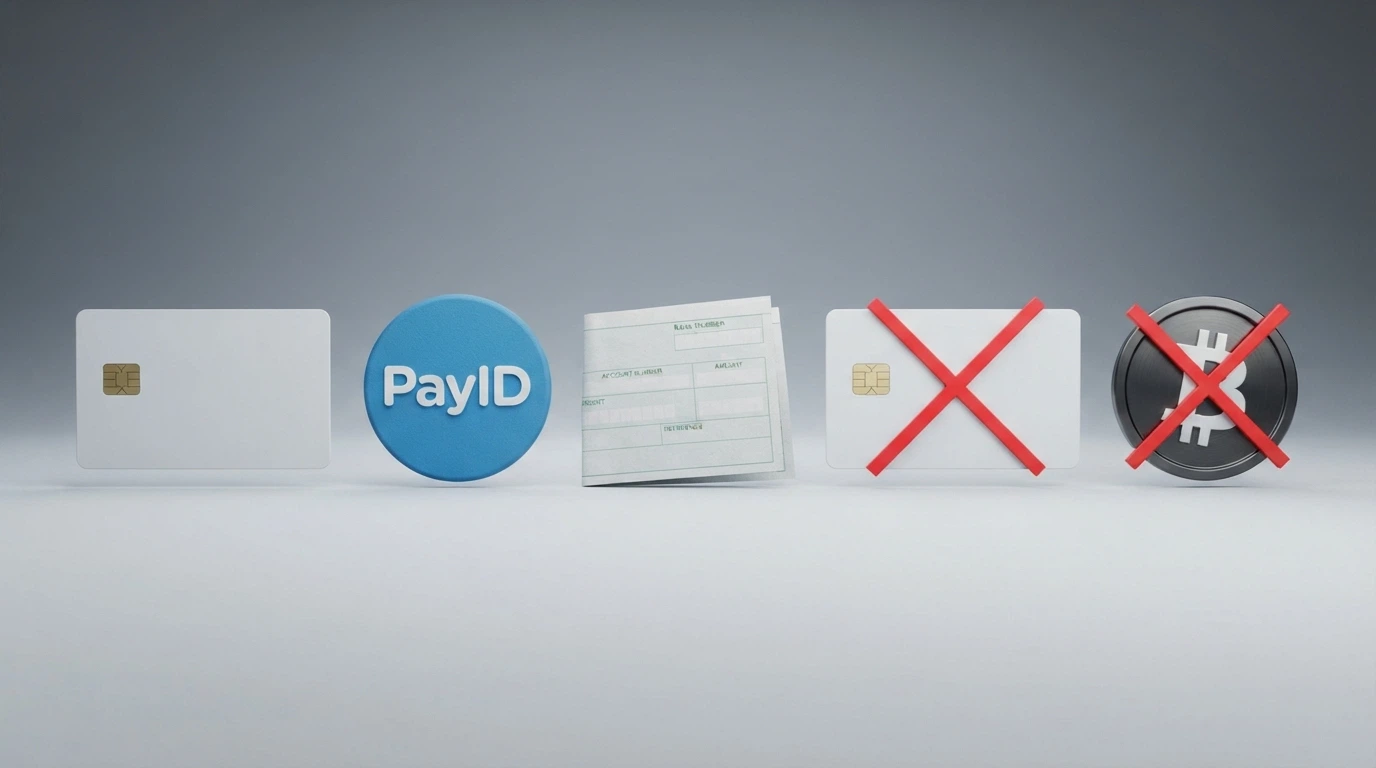 A row of payment icons — a debit card, a PayID logo, a bank-transfer slip, a credit card with a red cross over it, and a Bitcoin symbol with a red cross