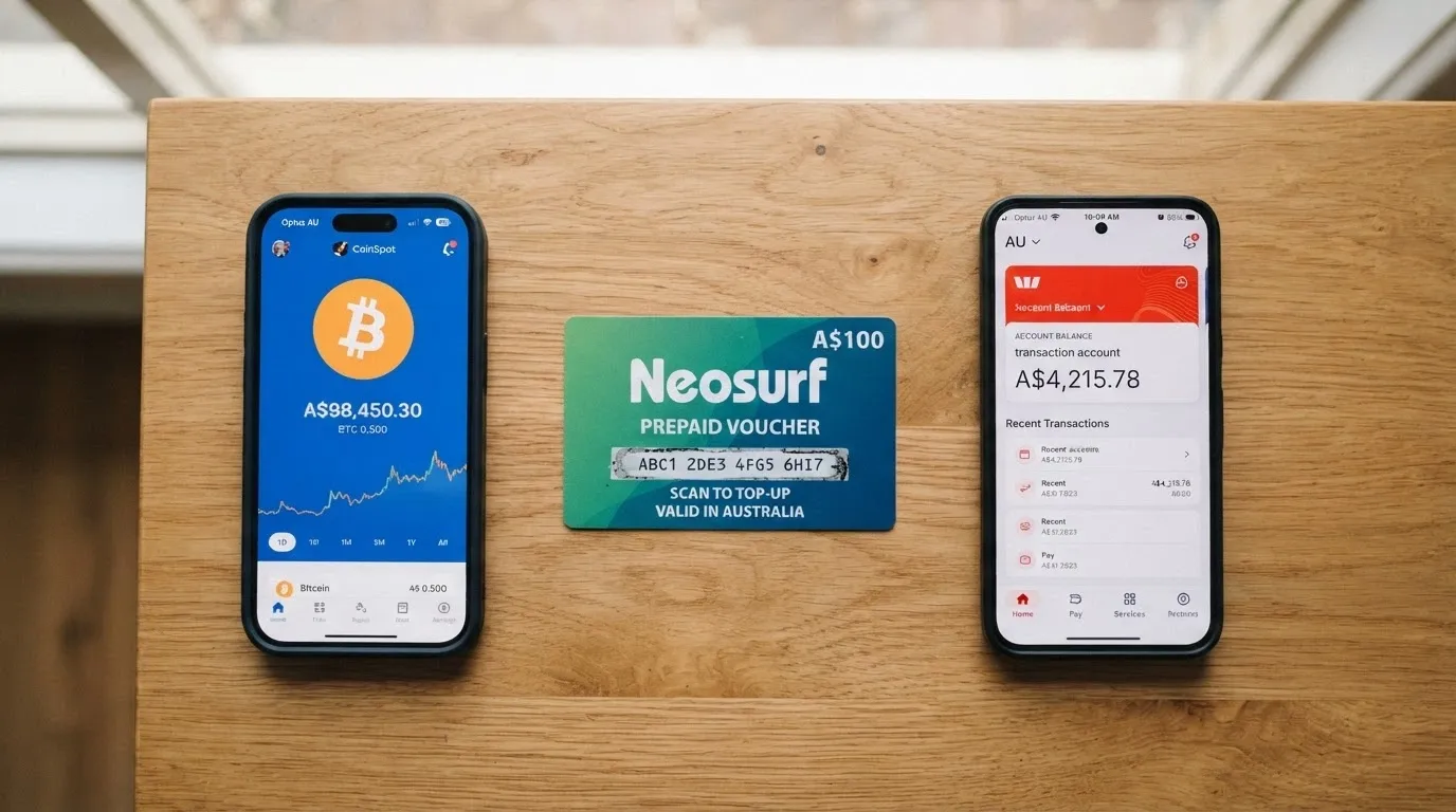 Three payment icons — a crypto wallet, a prepaid voucher card and a smartphone with a banking app — arranged with AUD amounts beneath each