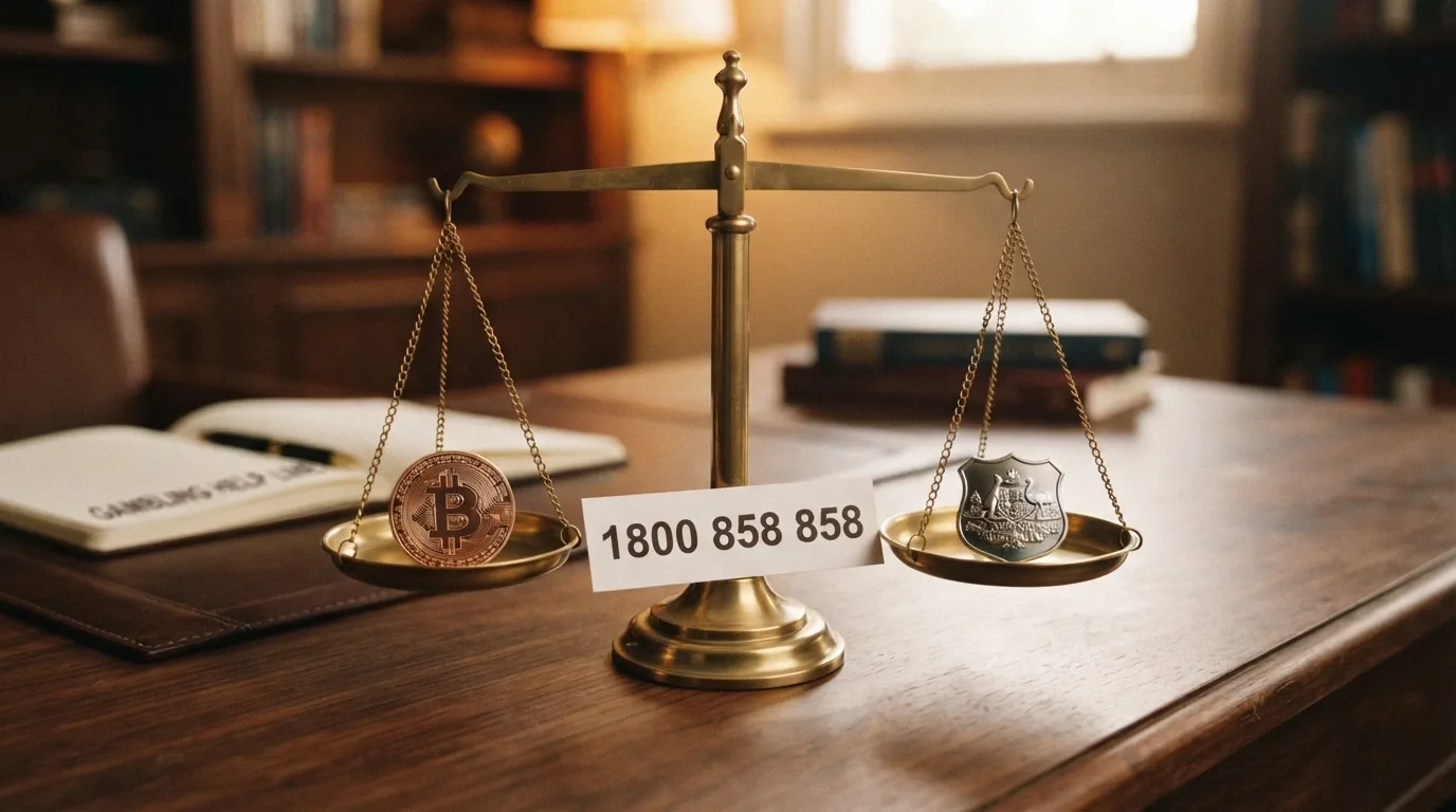 A balanced-scale illustration with a crypto-wallet icon on one side and an Australian consumer-protection shield on the other, with the National Gambling Helpline number printed across the base
