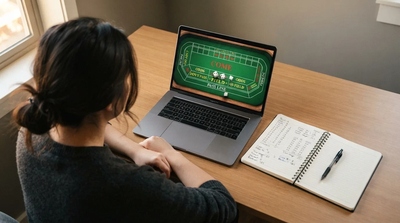 A player's hands resting on a laptop keyboard, with a craps table visible on the screen and a notebook with handwritten odds calculations beside the laptop