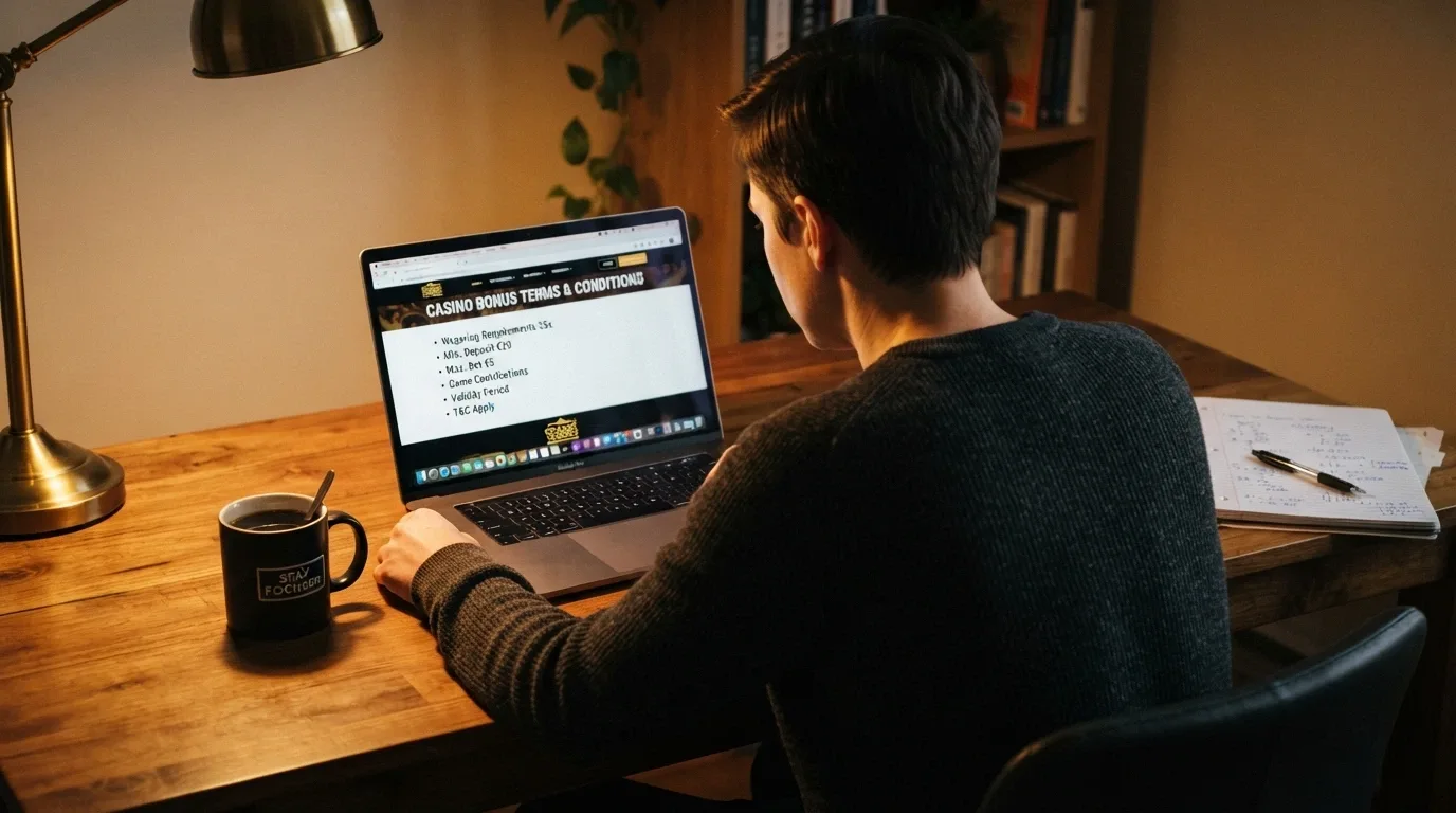 A person sitting at a desk with a laptop open, reviewing casino terms with a notepad and calculator beside them, a cup of coffee in the frame