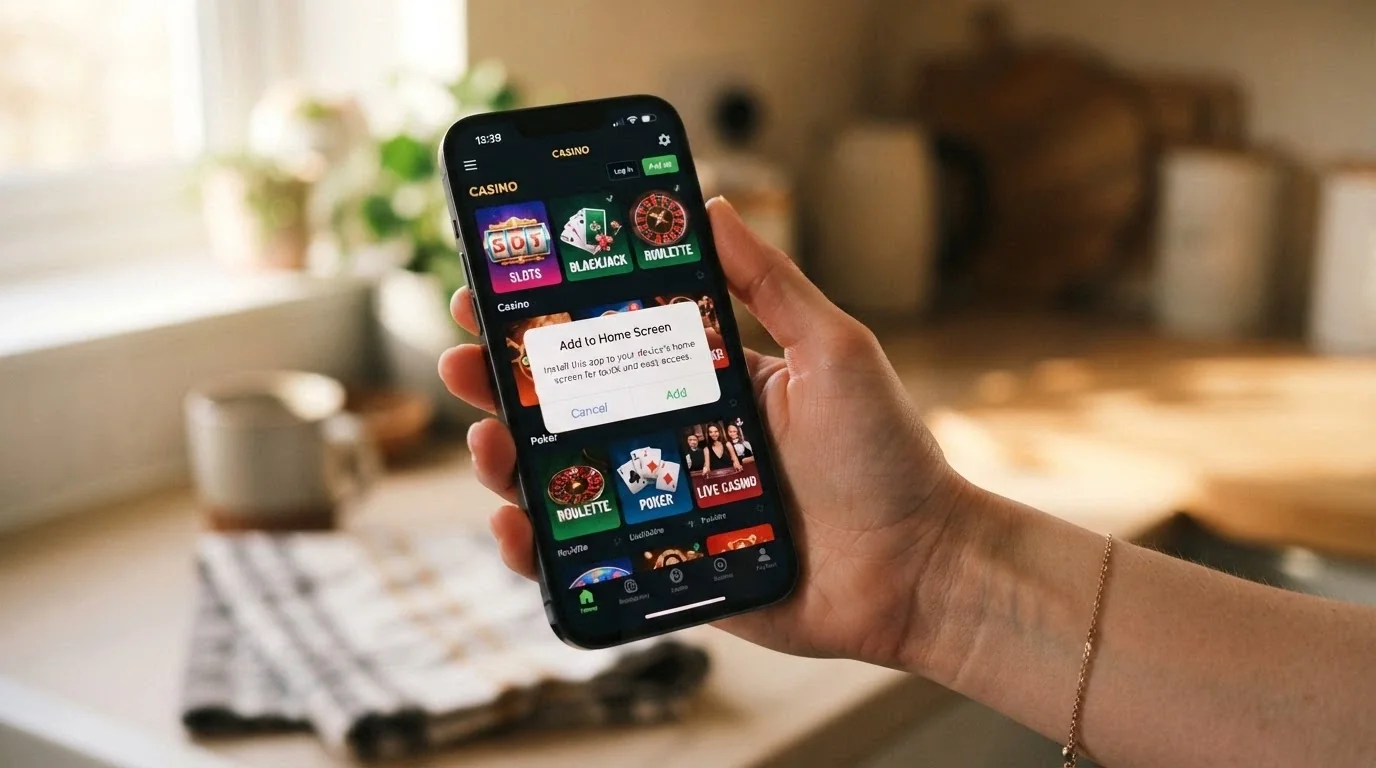 A hand holding a smartphone displaying the Pocket Pokies mobile interface with the Safari “Add to Home Screen” prompt visible