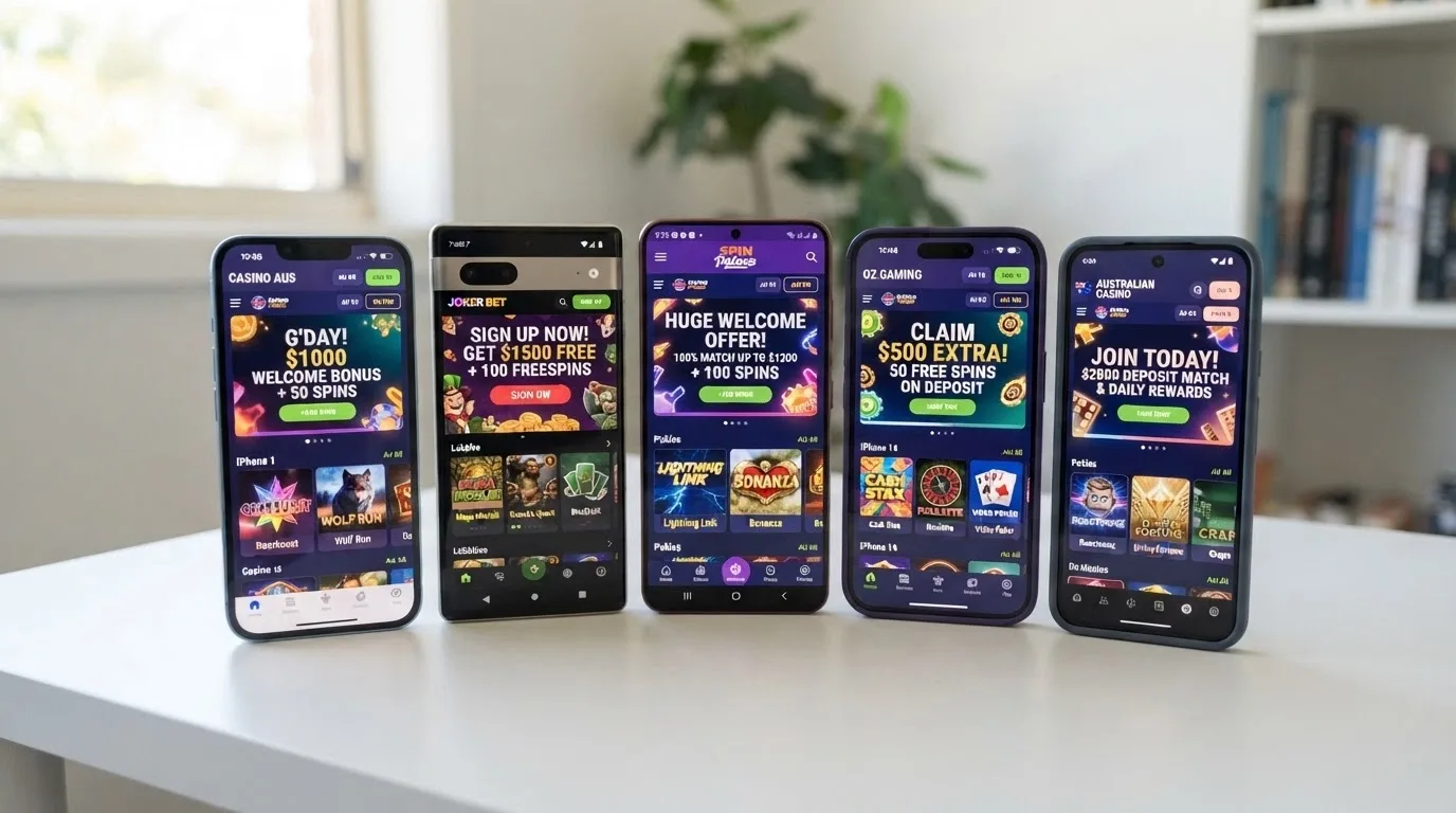 A grid of mobile phone screens showing different pokies app home screens with welcome-bonus banners and game lobbies visible