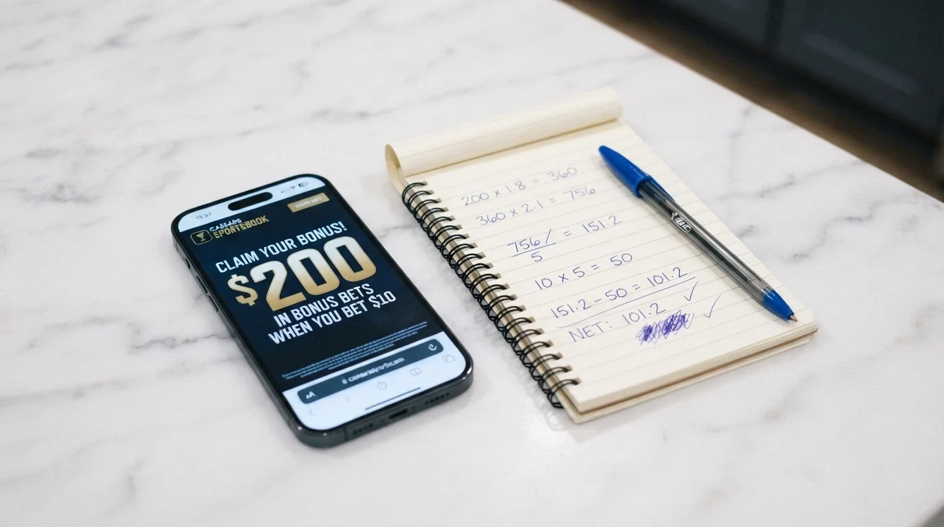 A smartphone display showing a welcome-bonus banner with a large dollar figure beside a calculator showing the wagering maths