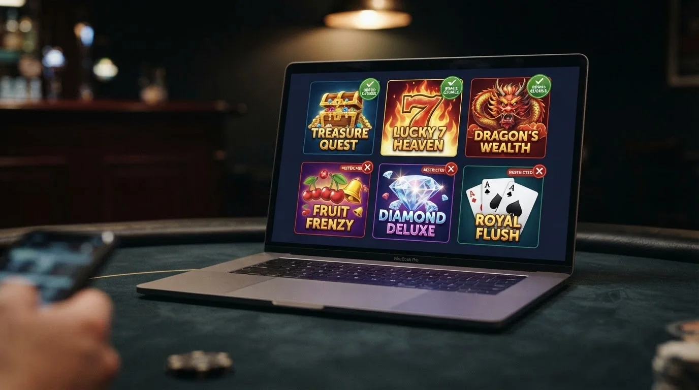 A grid of colourful online pokie icons with green checkmarks on some and red crosses on others, illustrating the split between eligible and restricted titles
