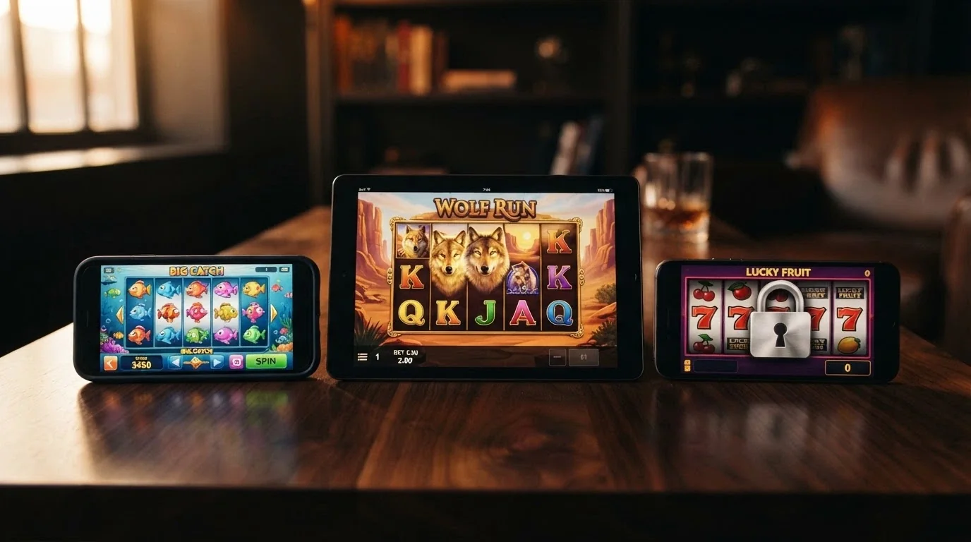 A row of three colourful online pokies screens showing Big Bass Bonanza, Wolf Gold and a generic fruit slot, with a locked padlock icon over the third