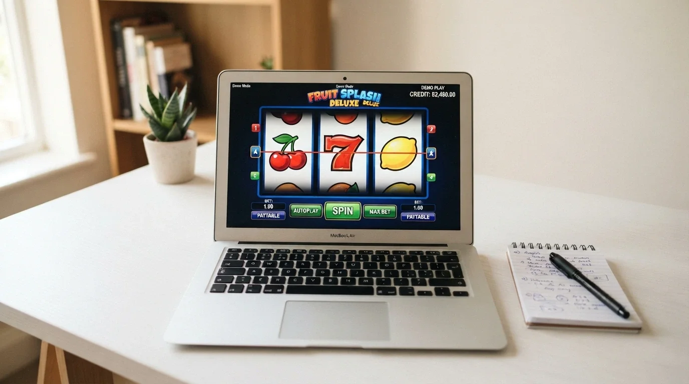 Laptop screen showing a 3-reel pokie title in demo mode with a play-money balance visible in the top corner
